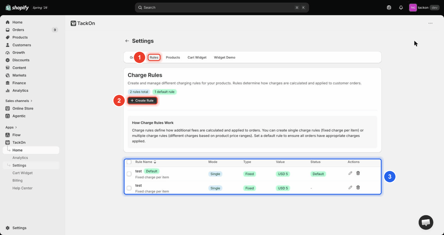 TackOn Settings with the Rules tab selected, showing the Charge Rules card, the + Create Rule button, and a table of saved rules