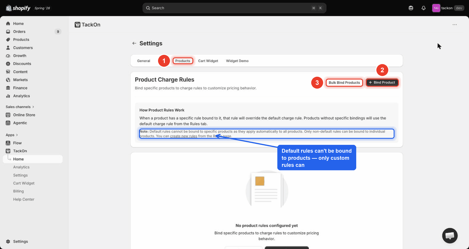 The Product Charge Rules page with the Bulk Bind Products and + Bind Product buttons, the How Product Rules Work panel, and an empty state