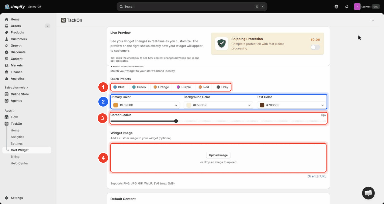 Visual Customization section showing the Quick Presets colour swatches, the Primary, Background and Text Color fields, the Corner Radius slider, and the Widget Image upload area