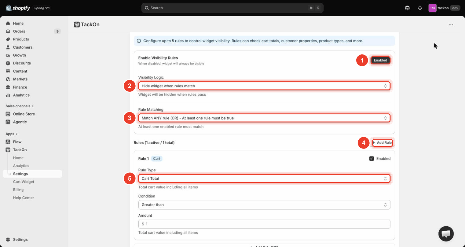 TackOn's Visibility Control Rules section with rules enabled: Visibility Logic reading 